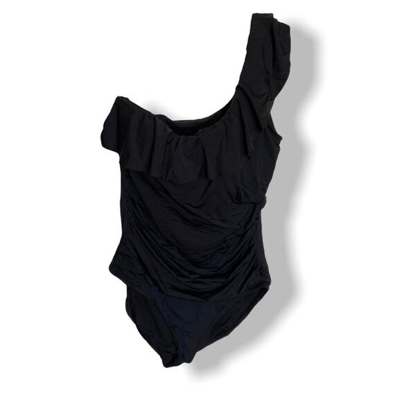 Hilor Womens Swimsuit Size 16 One Piece Shoulder Black Ruffle Asymmetric NEW - Picture 1 of 6